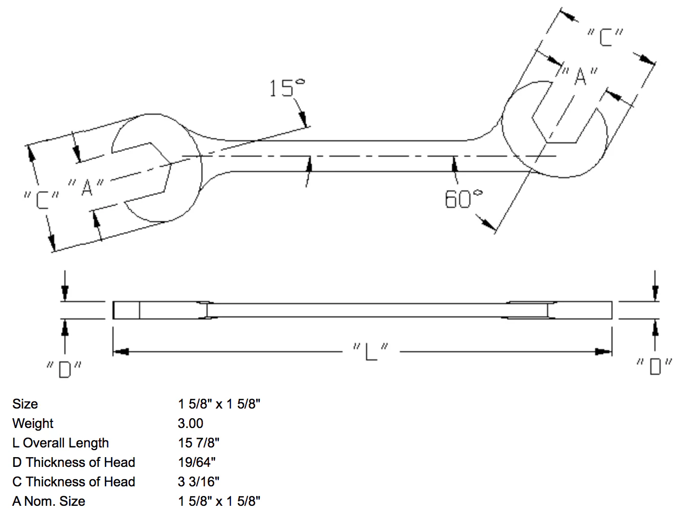 1-5/8" x 1-5/8" Open End Wrench Double Angle 15 & 60 Degree (1392WR) - Image 2