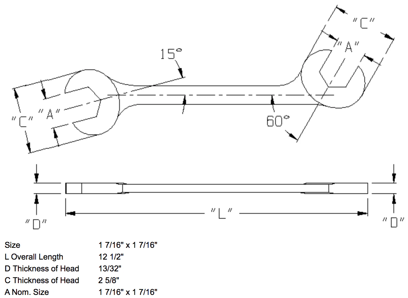 1-7/16" x 1-7/16" Open End Wrench Double Angle 15 & 60 Degree (1389WR) - Image 2