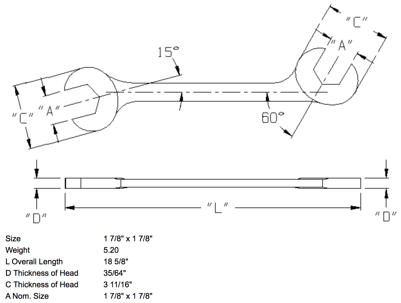 1-7/8" x 1-7/8" Open End Wrench Double Angle 15 & 60 Degree (1396WR) - Image 2