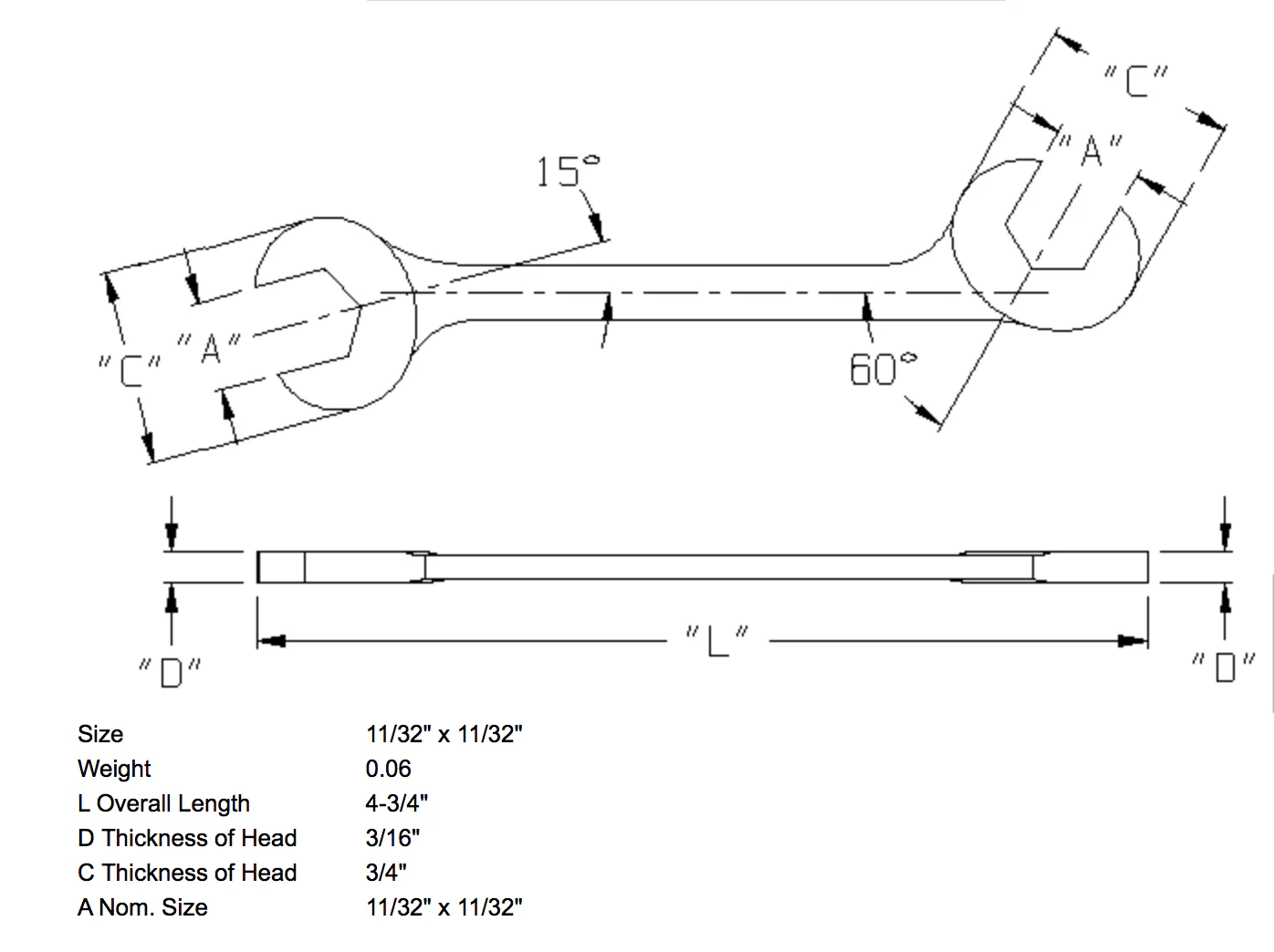 11/32" x 11/32" Open End Wrench Double Angle 15 & 60 Degree (1361WR) - Image 3