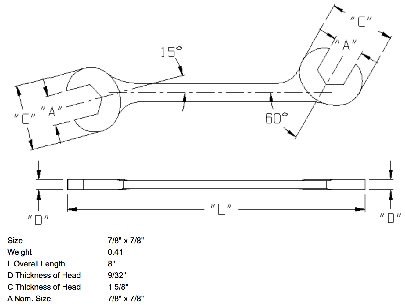 7/8" x 7/8" Open End Wrench Double Angle 15 & 60 Degree (1378WR) - Image 3