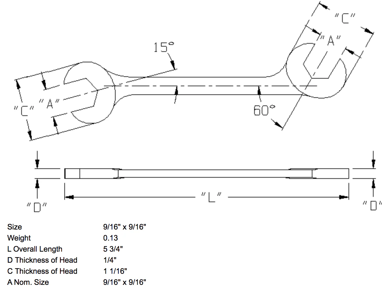 9/16" x 9/16" Open End Wrench Double Angle 15 & 60 Degree (1368WR) - Image 3
