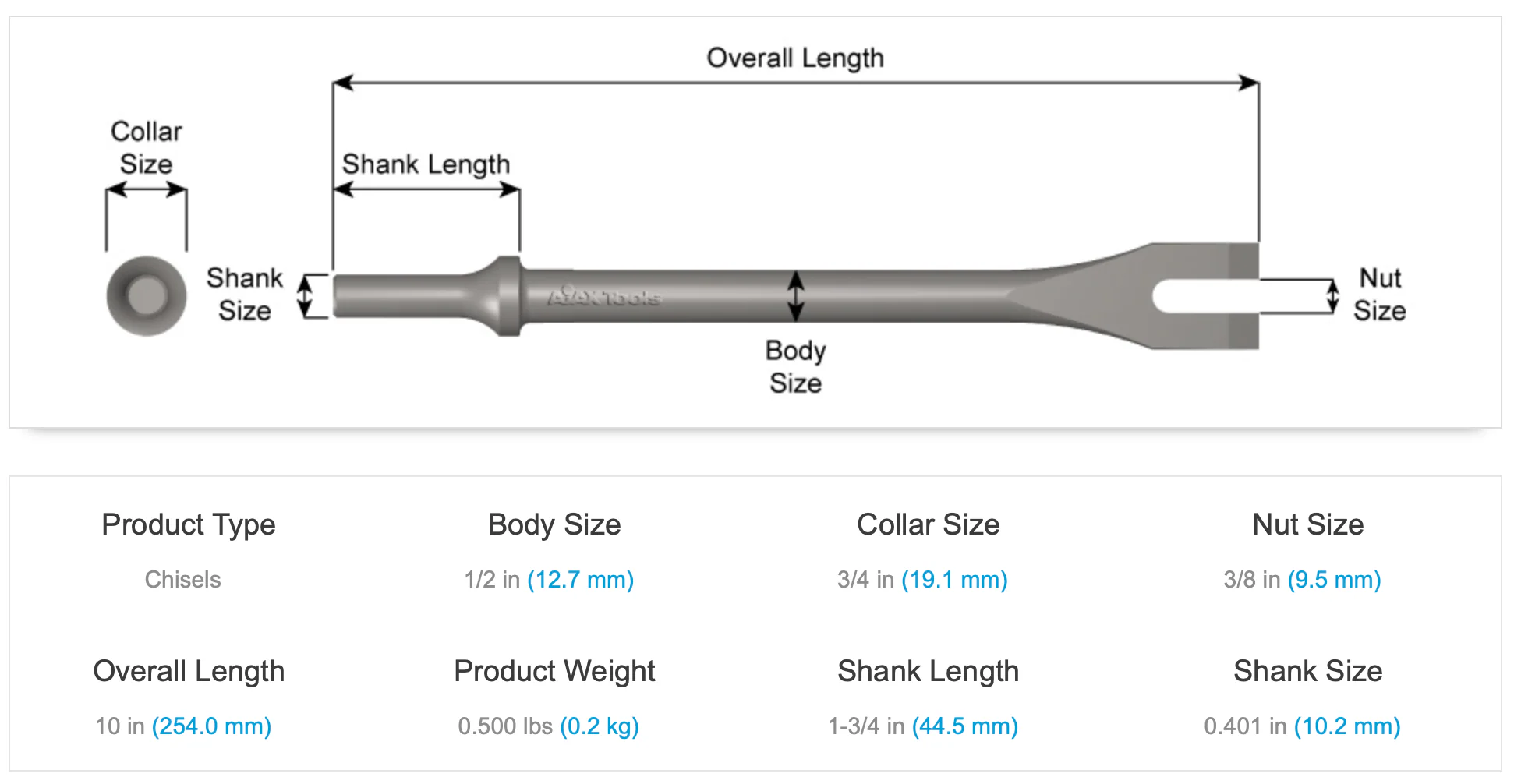 AJAX 10" 3/8" Nut Size .401 Turn Type Shank Nut Splitter Chisel (A1101) - Image 3